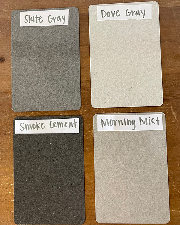 Slate Grey, Dove Grey, Smoke Cement and Morning Mist